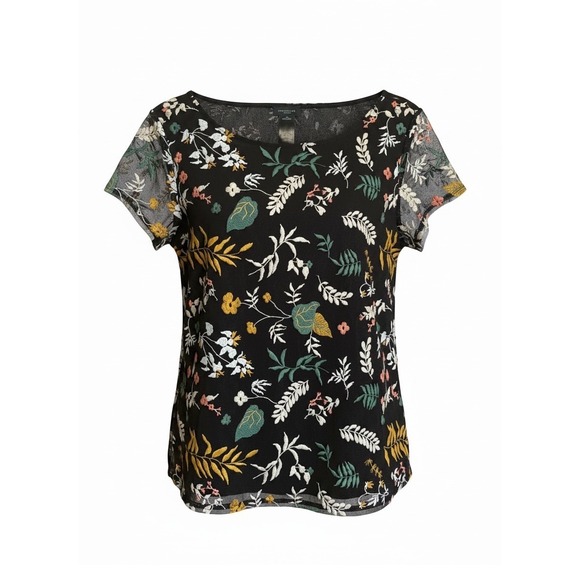 Ann Taylor Tops - Ann‎ Taylor All Over Embroidered Blouse Black Mesh Overlay Garden Fairy Size M